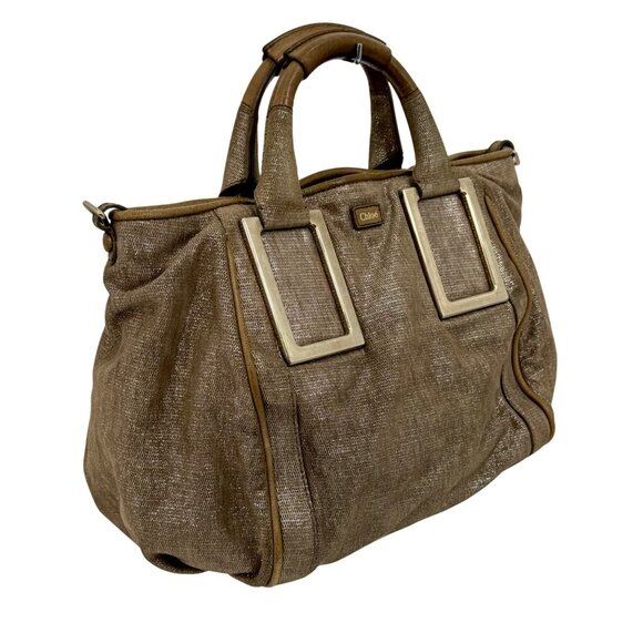 Vintage Chloé Shimmer Suede Satchel Handbag w/Dual Handles Zip Closure Logo Y2K - Picture 4 of 16